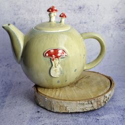 Amanita mushroom teapot 735ml, handmade ceramic kettle 25oz, fairy green teapot, forest teapot for gift, merry mushroom.