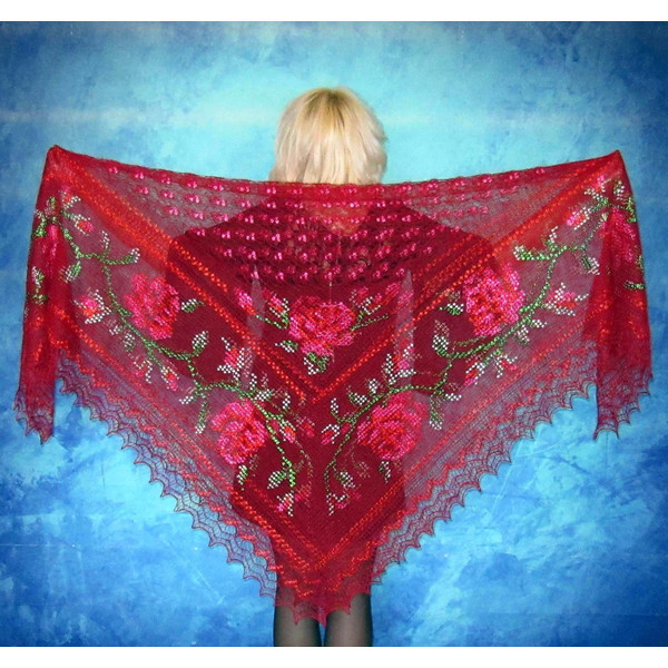 Red embroidered Orenburg Russian shawl, Lace wedding warm bridal cape, Hand knit cover up, Wool wrap, Stole, Kerchief 2.JPG