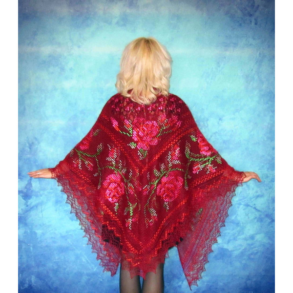 Red embroidered Orenburg Russian shawl, Lace wedding warm bridal cape, Hand knit cover up, Wool wrap, Stole, Kerchief 5.JPG