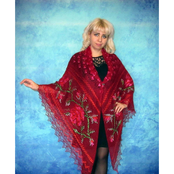 Red embroidered Orenburg Russian shawl, Lace wedding warm bridal cape, Hand knit cover up, Wool wrap, Stole, Kerchief 4.JPG
