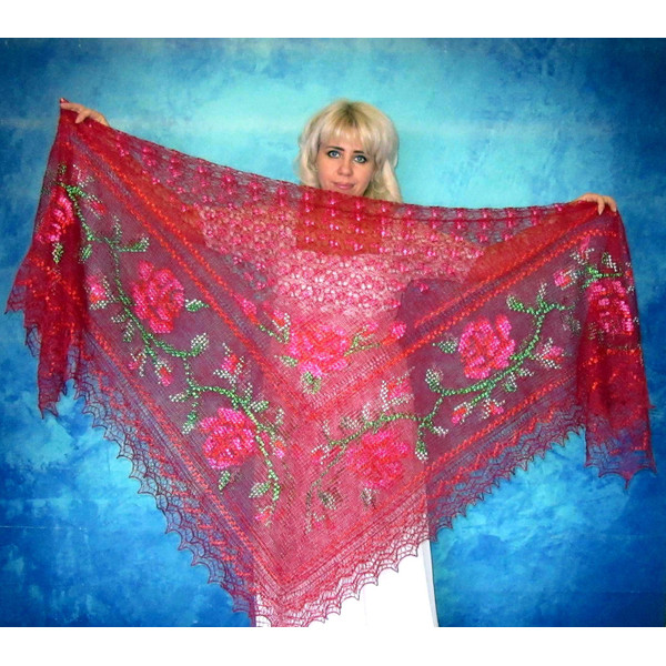 Red embroidered Orenburg Russian shawl, Lace wedding warm bridal cape, Hand knit cover up, Wool wrap, Stole, Kerchief 8.JPG