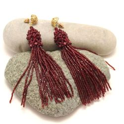 Red Tassel Earrings Long Beaded Earrings Seed Bead Statement Earrings long earrings