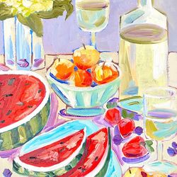 Oil painting Still life painting Watermelon and wine Fruits and flowers painting Hydrangea flowers Food painting Artwork