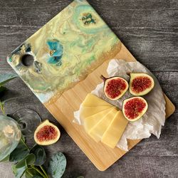 Serving wooden board snacks with epoxy resinart cheese board handmade food tray decor home