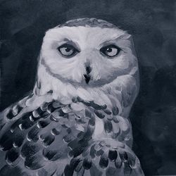White Polar Owl Original Acrylic Painting Black and White Art