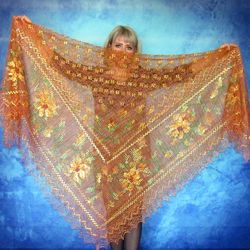 Ginger embroidered Orenburg Russian shawl, Hand knit cover up, Wool wrap, Handmade stole, Warm bridal cape, Kerchief