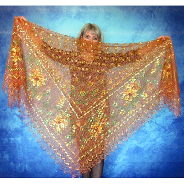 Ginger embroidered Orenburg Russian shawl, Hand knit cover up, Wool wrap, Handmade stole, Warm bridal cape, Kerchief.JPG