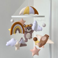 travel baby mobile, nursery decor, airplane baby mobile, pilot bear, parachute rainbow and mountains, neutral mobile
