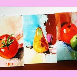 Fruit Painting On Canvas Small Still Life Painting 3D Art Original Artwork for Walls Impasto Textured Painting set of 3
