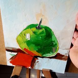 Green Apple Oil Painting On Canvas Small Still Life Painting Fruit Original Artwork for walls Impasto Textured