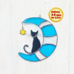 Stained glass black Cat lover gift ornaments, Stained glass window hangings, Stained glass suncatcher art