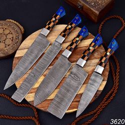 custom hand made forged damascus chef knife set steel bolster with bone & color sheath handle