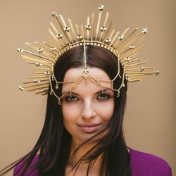 Star halo crown Gold halo headpiece Face chain goddess headdress Celestial wedding Crystal tiara Halloween photoshoot