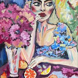 Woman portrait oil painting on canvas Woman portrait Flowers and fruits Fauvism art Matisse inspired Decor Peaches Gift