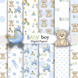 watercolor baby boy papers, seamless patterns.