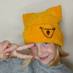 Halloween beanie with ears Cat ears beanie crochet Orange beanie with cat ears Plush beanie hat orange