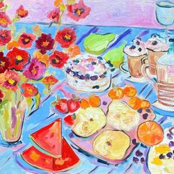 Summer breakfast Original oil painting on canvas Food and drinks painting Flowers bouquet Fauvism Matisse inspired Gift