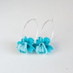 Orchid Earrings Hoops. Turquoise Blue Flower Earrings. Tropical Flower Hoop Earrings. Polymer Clay Jewelry. Flower Jewls