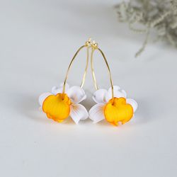 Tropical Flower Hoops. Yellow White Orchid Flower Earrings. Bright Summer Earrings. Polymer Clay Jewelry. Gift For Girl.