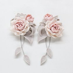 Blush Pink Flower Earrings. Peony Rose Earrings. Polymer Clay Earrings Gift. Floral Jewelry. Taupe Bridal Earrings