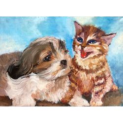 Pet painting, Original oil canvas, Cat and Dog wall art, Funny pet portrait, Nursery painting