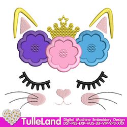 Kitty Face cat applique kitty eyelashes princess crown Floral Crown Design Applique for Machine Embroidery