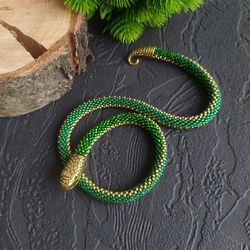 Green snake necklace, Snake choker, Ouroboros jewelry, Serpent Bead crochet necklace, Totem necklace, Witch jewelry