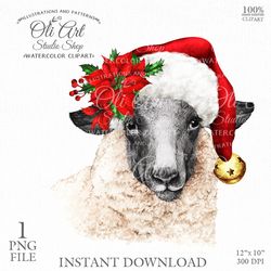 Christmas Sheep Clipart PNG, Santa Hat, Farm Animals, Poinsettia. Winter Flowers. Sublimation Png. OliArtStudioShop