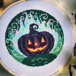 Magic Pumpkin Cross Stitch Pattern PDF, Halloween Embroidery Chart, Gothic Hoop Art, Fall DIY Decor, Instant Download