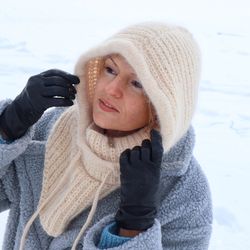 Wool scarf hood, Balaclava for women, Angora winter hat, Winter warm bonnet, Gift for her