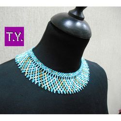 Turquoise collar necklace, beaded necklace, huichol necklace, turquoise choker, statement necklace, golden necklace