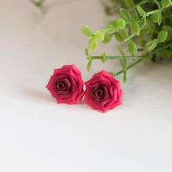 Red Rose Earrings Studs. Red flower earrings. Polymer clay Rose Earrings Post. Rose Jewelry. Red Bridesmaids gift.