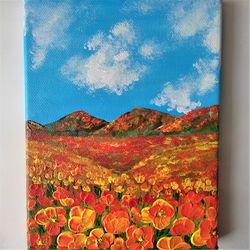 California poppy painting on canvas, Orange impasto poppies painting, Landscape painting, Flowers textured painting