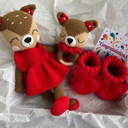 Baby deer gift set Crochet stuffed deer toy Crochet baby rattle Personalized newborn gift Cute girl gift booties