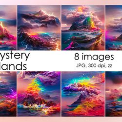 Landscape of the island in abstraction style. 8 pictures of an island with a rainbow. Landscape vertical pictures