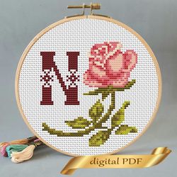 Floral letter N pdf cross stitch Flower monogram alphabet easy embroidery
