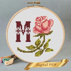 Floral letter M pdf cross stitch Flower monogram alphabet easy embroidery