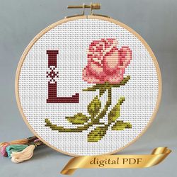Floral letter L pdf cross stitch Flower monogram alphabet easy embroidery