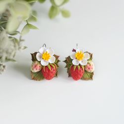 Strawberry Earrings. Polymer Clay Earrings. Fruit Earrings.Red Berry Earrings. Blossom Earrings. Handmade Floral Jewelry