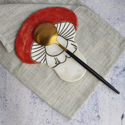 Spoon rest ceramic, spatula holder amanita mushroom, pottery utensil rest, mushroom spoon rest, flat plate ceramic.