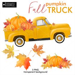 Fall Pumpkin Truck, Halloween retro car, Watercolor clipart