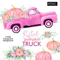 Pink Pumpkin Truck, Halloween retro car, Watercolor clipart