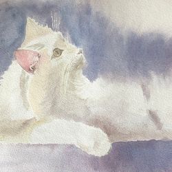 cute white cat wall art original watercolour painting