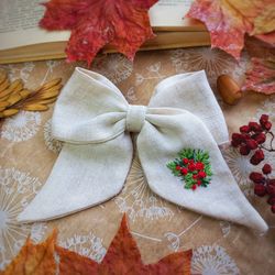 hair bows, embroidery bow, lolita style hair bows, linen fabric bows, hair bow with flowers , hair bow with roses,