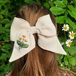 Hair bows, Embroidery bow, Lolita style hair bows, linen fabric bow, hair bow with flowers, hair bow with daisies