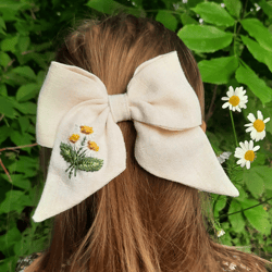hair bows, embroidery bow, lolita style hair bows, linen fabric bow, hair bow with flowers, hair bow with daisies