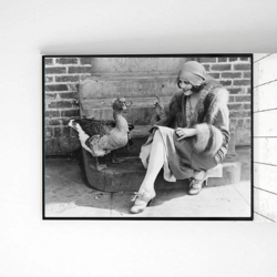 Vintage photo printable Woman with chicken, Farmhouse wall art decor, Vintage Female photo, Animal vintage print