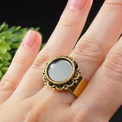 Glass Mirror Protection Ring Evil Eye Golden Flower Floral Adjustable Ring Mirror Amulet Free Size Ring Jewelry 7883