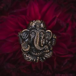 Ganesha (dark) - knife bead, paracord lanyard bead, key chain bead, edc bead, leather bead - made of bronze