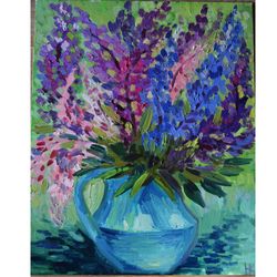 flowers painting, oil painting, lupins, oil art, lupins art, flowers
